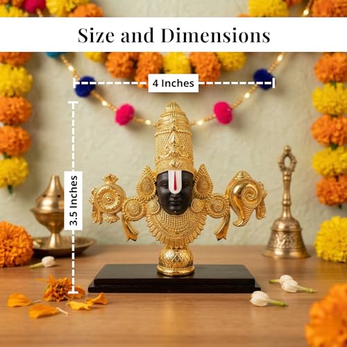 Image of 24K Gold Plated Lord Venkateswara Swamy Idol | Auspicious Tirupati Balaji Murti for Home Temple Decor | Sacred Pooja Room Statue with Wooden Base & Black Face | Spiritual Showpiece.