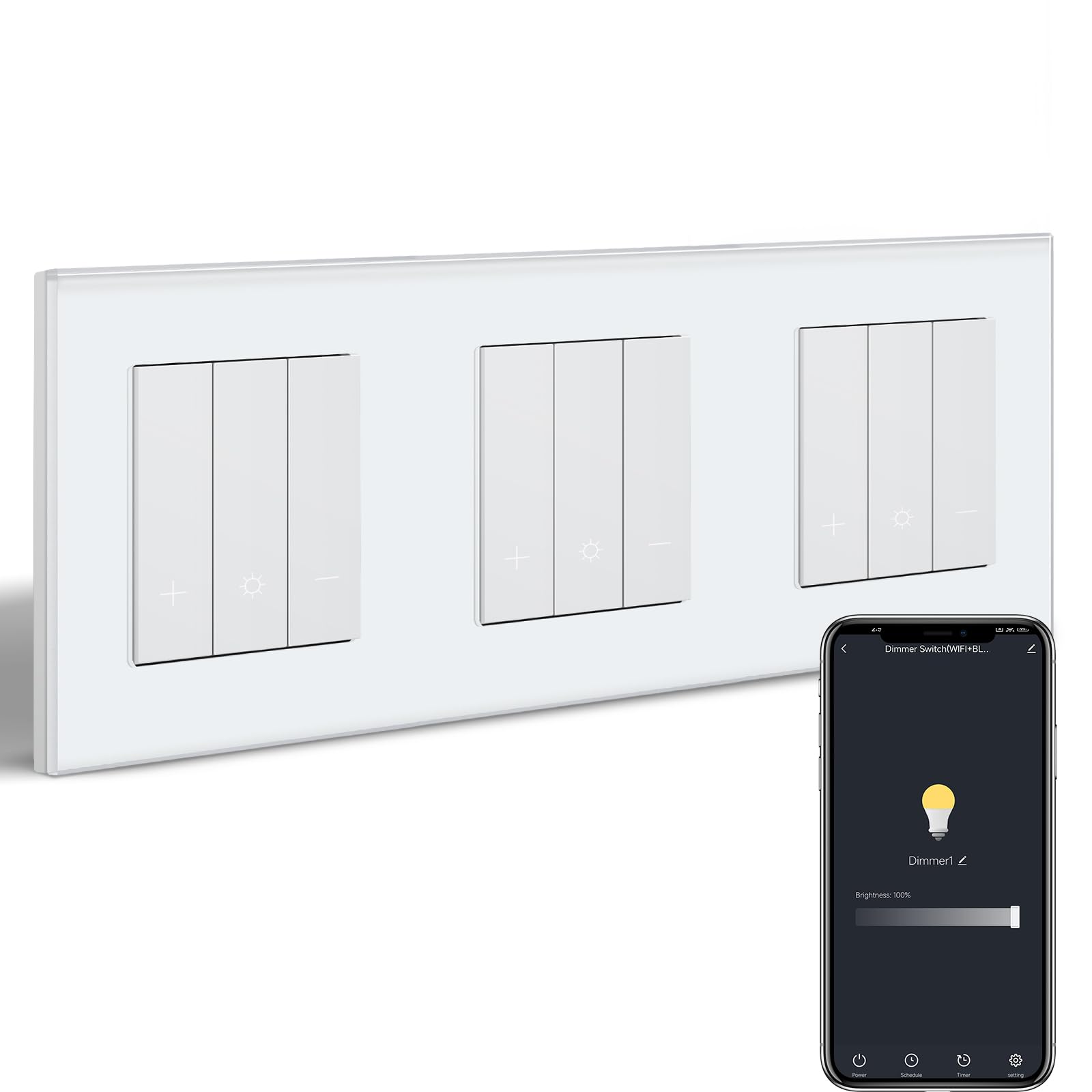 Triple Interruptor Regulador Inteligente WLAN con Marco de Cristal, Interruptor Regulable WiFi, Compatible con Alexa, Google Home, Interruptor de luz Empotrable, Blanco (Se necesita Neutro)
