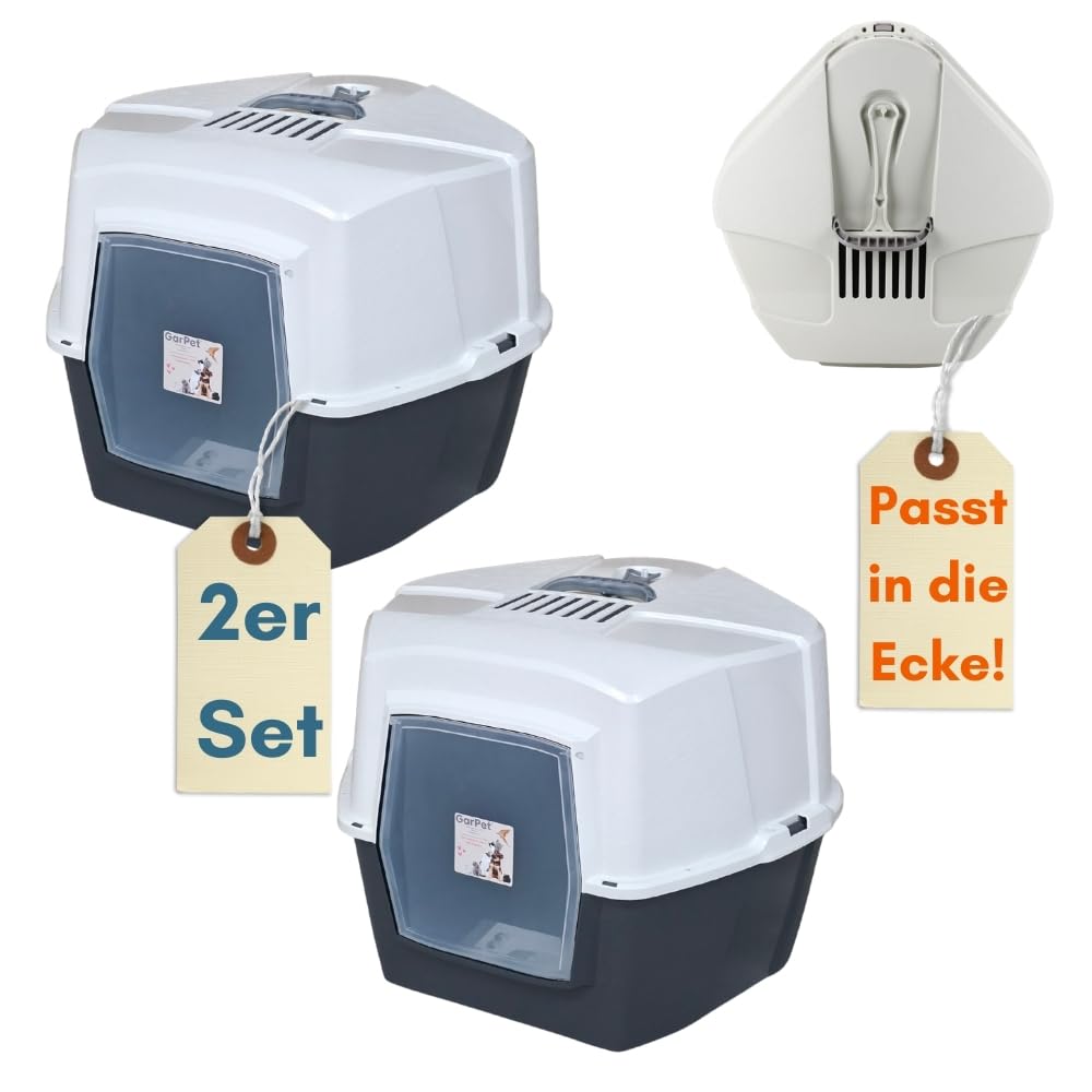 2er Set Große Eck Katzentoilette Katzenklo Ecke mit Deckel geschlossen XXL Ecktoilette Katzen Haubentoilette Filter Schaufel Doppelpack Katzentoiletten