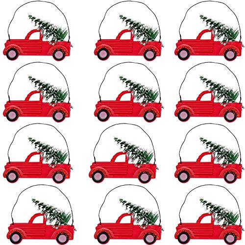 TopNotch Outlet Holiday Decorations - Hanging Ornament Set (12 Pc) Fun Mini Red Truck with Tree - Christmas Ornaments - Vintage Retro Red Truck Decor