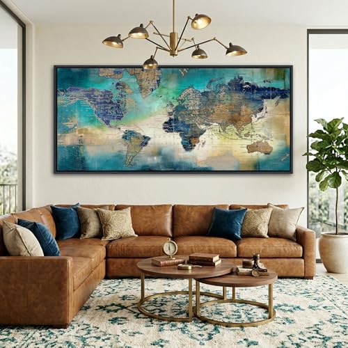 Image of Large World Map Canvas Prints Wall Art for Living Room Office Green World Map Picture Artwork Decor for Home Decoration Black Framed Wall Art