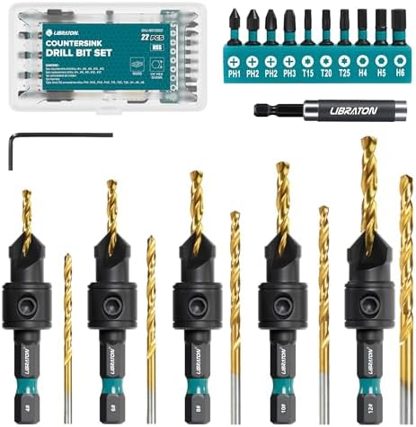 Libraton Countersink Drill Bit Set, 22 PCS Wood Counter Sink Drill Bit Adjustable, #4, #6, #8, #10, #12, Magnetic Drill Bit Holder Extension for Woodworking, Screwdriver Bits with Storage Box