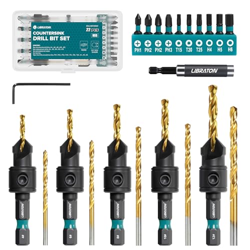 Libraton Ensemble de Forets Coniques, 22 Pièces Foret à Chanfreiner Ajustable, #4#6#8, #10#12, Porte-Embout Magnétique Extensible pour Travail du Bois,...