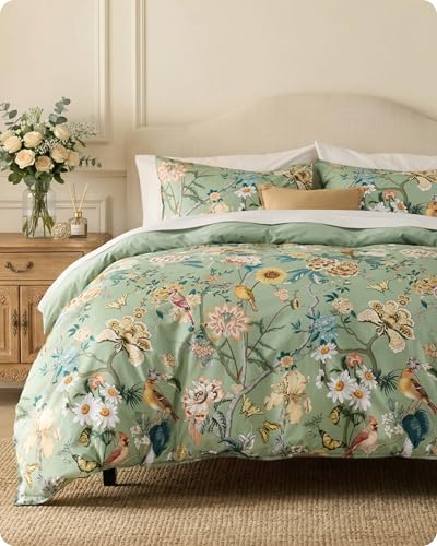 Bedsure PureWoven 100% Cotton Floral Duvet Cover Set King Green Garden