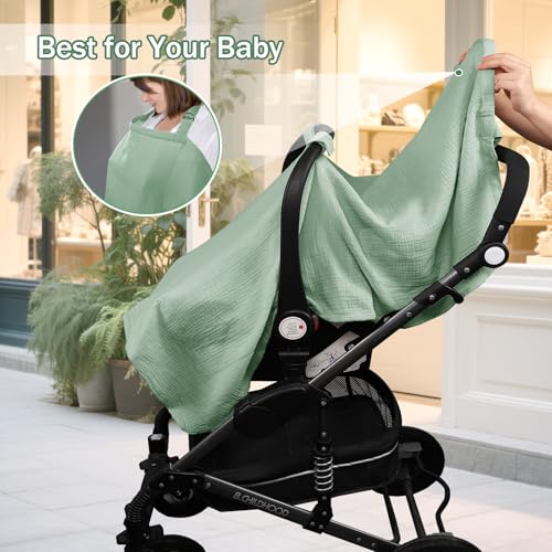 Image of Hooyax 2-in-1 Baby Car Seat Cover & Nursing Cover, 100% Muslin Cotton, Breathable Car Seat Canopy and Privacy Breastfeeding Cover, Green