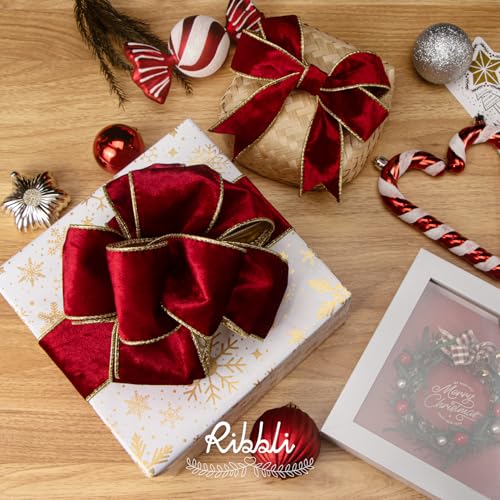 Image of Ribbli Red Velvet Wired Ribbon 1.5 Inch Metallic Red Gold Crushed Velvet Christmas Ribbon for Gift Wrapping Christmas Tree Decoration Crafts Wreaths Supplies-Continuous 10 Yards