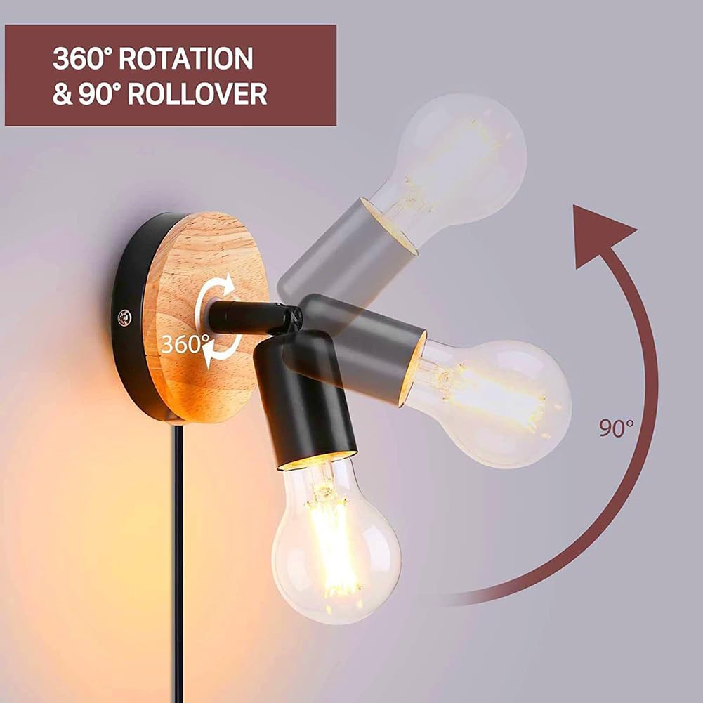 ZBZFGE Vintage Wandlampe Innen mit Schalter und Stecker Wandleuchte 360°+90° drehbar Holz Wandstrahler Schwarz Retro Industrie Wandbeleuchtung Metall für Schlafzimmer Wohnzimmer Treppenhaus