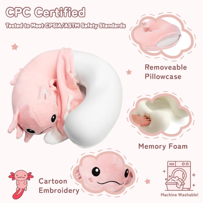 Image of Kids Travel Neck Pillow for Ages 3-8 with Memory Foam, Pink Axolotl | Removable cover, 13 in neck size, hidden zipper, machine washable, head and chin support, car seat and airplane use