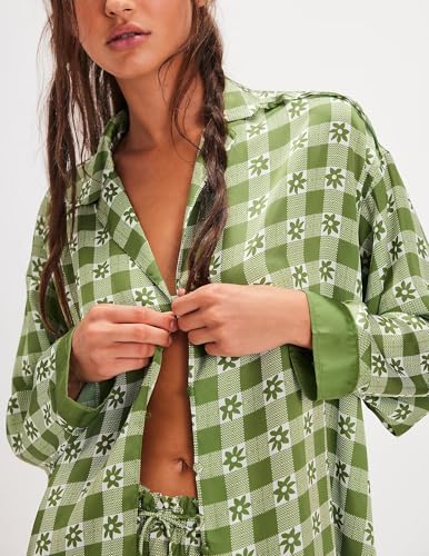 Image of LILTWIST Silk Satin Pajamas Set for Women 2 Piece Floral Pjs Wide Leg Lounge Pants Set Long Sleeve Button down Pj Shirts Set