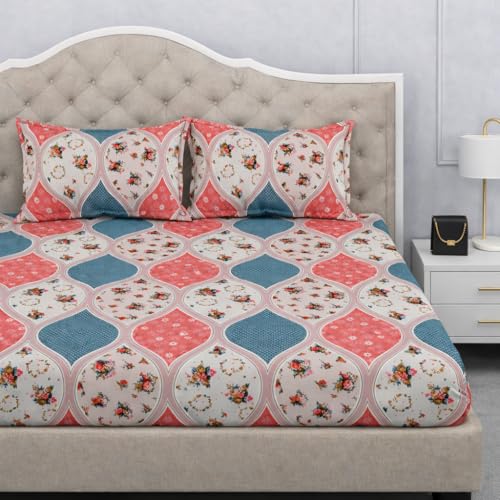 Image of 300 TC Cotton Feel Glace Cotton Elastic Fitted Bedsheet for King Size Double Bed | Fits up to 8 Inch Mattress | Printed Bedsheet with 2 Pillow Covers (Pink Eka, Double Size - 72 inchx72 inch)