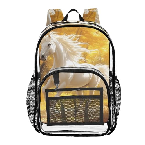 Kids PVC Clear Backpack White Horse Yellow Forest Heavy Duty Multi-pockets Large Capacity Transparent See Through Bookbag for School Travel Sport Work