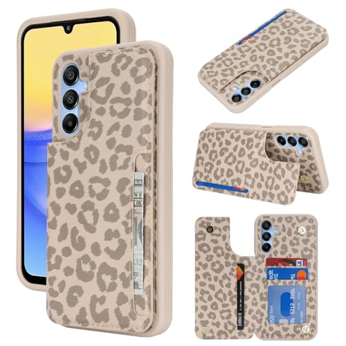 iCoverCase Compatible with Samsung Galaxy A15 5G Case with Card Holder A15 5G Wallet Case for Women Men [RFID Blocking] PU Leather Protective Phone Case for A15 (Beige Leopard)