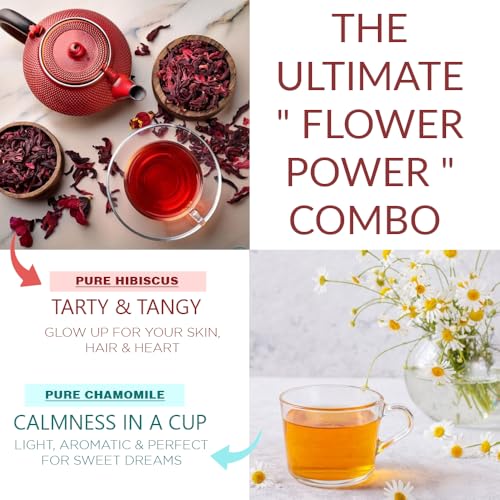 Image of Chayam Chamomile & Hibiscus Herbal Tea Combo | 2 x 30g Loose Leaf Teas in Premium Tins | Pure Chamomile for Sleep + Hibiscus for Skin & Heart | Caffeine-Free Natural Herbal Infusion