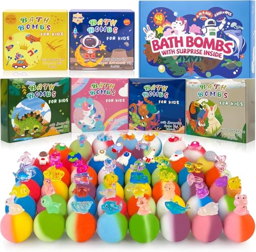 48pcs Bath Bombs for Kids with Toy Inside Organic Colorful Bubble Bath for Kids Safe Best Birthday Party Easter Bath Bombs Gift Set for Girls and Boys