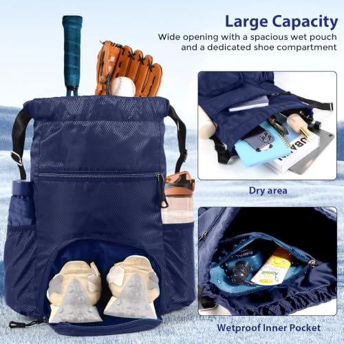 Image of Sports Drawstring Backpack Gym Sack with Shoe Compartment, Durable Oxford Fabric, Wet-Proof Pocket, Water-Resistant Cinch Bag for Men & Women, Foldable & Spacious Athletic Sackpack for Travel Fitness