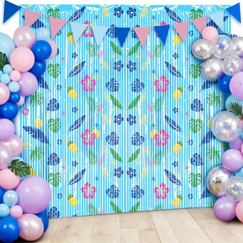Image of 2 Packs Blue Foil Fringe Curtain, Hawaiian Element Pattern Metallic Tinsel Backdrop for Birthday, Baby Shower, Gender Reveal, Kids Cartoon Party Decorations Favor Supplies