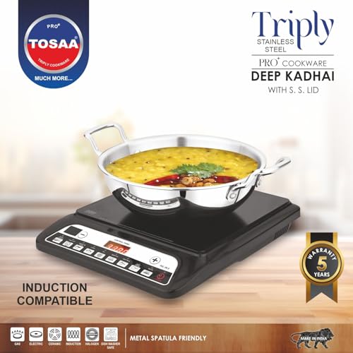 Image of Tosaa Triply Stainless Steel 24 cm Kadai with Lid /Indian Wok|Even Heat Distribution| Consumes Less Oil|Easy to Clean|Gas Stove Compatible - 2000 ml