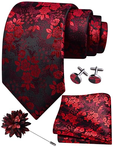 Image of GUSLESON 3.15 inch(8cm) Mens Floral Tie and Lapel Pin Necktie Hankerchief Cufflinks Set for Men