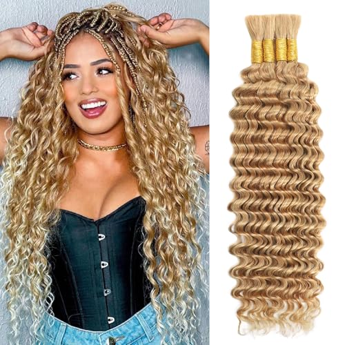 DFHIHCP Honey Blonde Human Braiding Hair for Boho Braids 22 Inch 100g Deep Wave Bulk Bohemian Hair for Braiding Knotless 12A Curly Boho Hair Extensions 4 Bundles/Pack Wet and Wavy Color 27