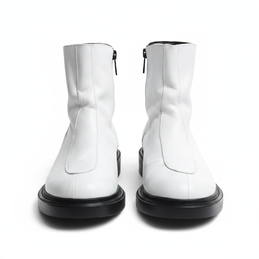 costoso italiano Men’s White Leather Ankle Boots with Side Zipper, Black Sole, Round Toe Casual Chelsea Style Boots-picture-14