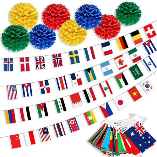 100 Countries International Flags Banner Garland with Colorful Tissue Pom Poms World Country String Flags Bunting Small Mini National Flags Decorations for Classroom Multicultural Party School Events Bar Festival Decor