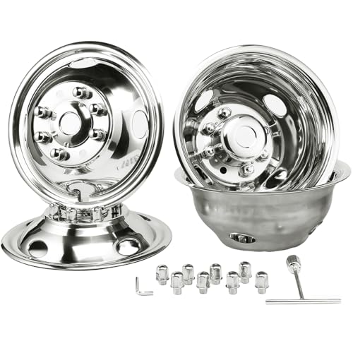 Image of 4pcs 16 inch 304 Polished Stainless Steel Wheel Simulators for 74-98 F350 | Dually 8 Lug 4 Hand Hole,Bolt On Hub Caps, Screw On Wheel Covers For 92-23 E350 96-03 /15-19 E450