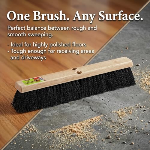 Image of Black Indoor Push Broom Head - Heavy Duty Hardwood Block - Polypropylene Bristles - Deck Scrub Brush - Two Threaded Handle Holes for Better Assist (16 inch)