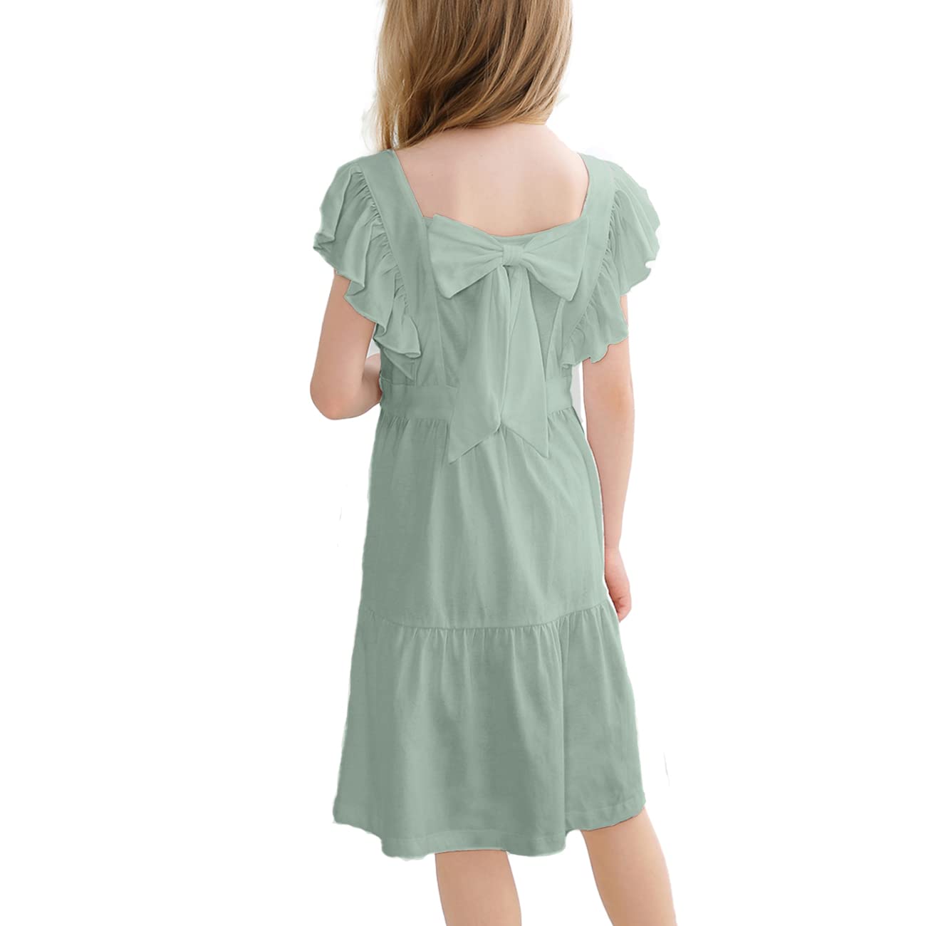 VASCHY Girls' Ruffle Dress Cut Open Back and Bow Detail for Special Occasions Swing Twirly Summer Dress Cotton