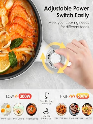 Image of Audecook Electric Hot Pot Mini Electric Skillet Adjustable Power Nonstick | Portable Cooking Pot Multi Ramen Cooker for Noodles, Soup, Steak, Eggs, Oatmeal, Home, Office, Dorm Room, and Travel