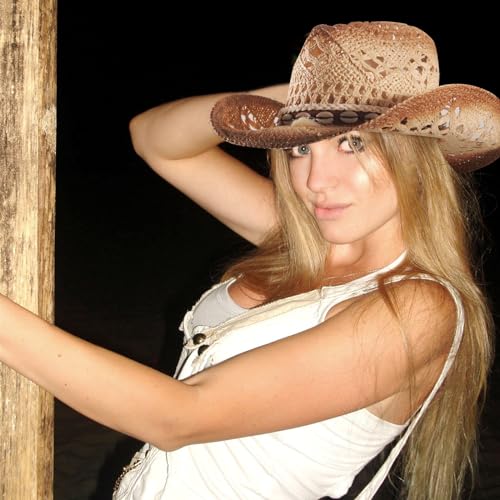 Image of Men's Cowboy Hats Summer Women Beach Cowgirl Hat Raffia Unisex Western Sun Hat