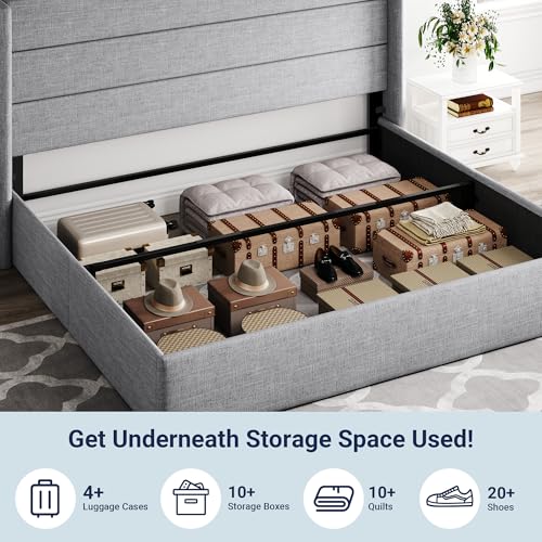 Image of Allewie King Size Lift Up Storage Bed, Modern Wingback Headboard, Hydraulic Support, No Box Spring Needed, Light Grey