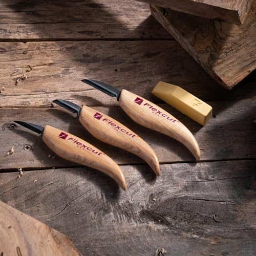 Image of Flexcut Wood Carving Knives | Starter Set of 3 Woodcarving Knives | 1095 High Carbon Steel Blades | Ergonomic Ash Wood Handles for Beginners and Hobbyists | KN500 | Made in the U.S.A