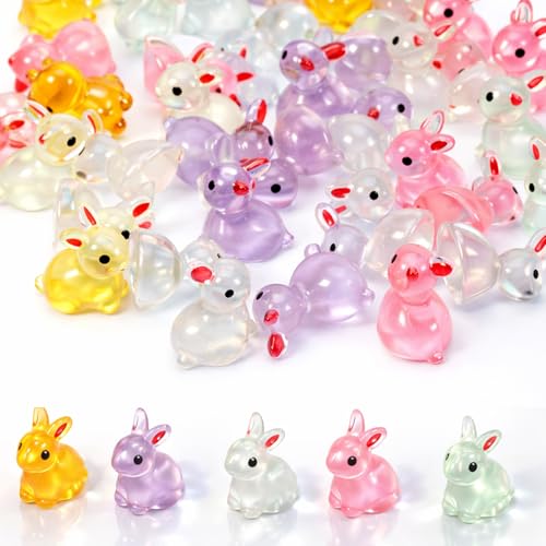 60Pcs Easter Luminous Mini Resin Bunny Mini Resin Animal Figures Rabbits for Fairy Garden Dollhouse Decor Easter Egg Fillers Party Favors Supplies (6 Colors)