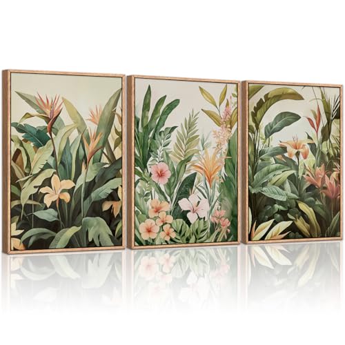 HLNIUC Boho Tropical Leaves Wall Art Modern Abstract Floral Canvas Wall Decor Set of 3(16x24) Green Plant Banana Leaf Painting Tropical Botanical Jungle Art Print for Living Room Bedroom Office