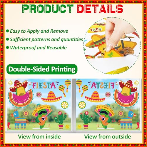 Image of 72 PCS Cinco De Mayo Decorations, 9 Sheets Cinco De Mayo Window Clings, Double-Sided Mexican Stickers with Tacos Guitars Cactus Peppers Designs, Fiesta Party Decor for Window Glass Home Store