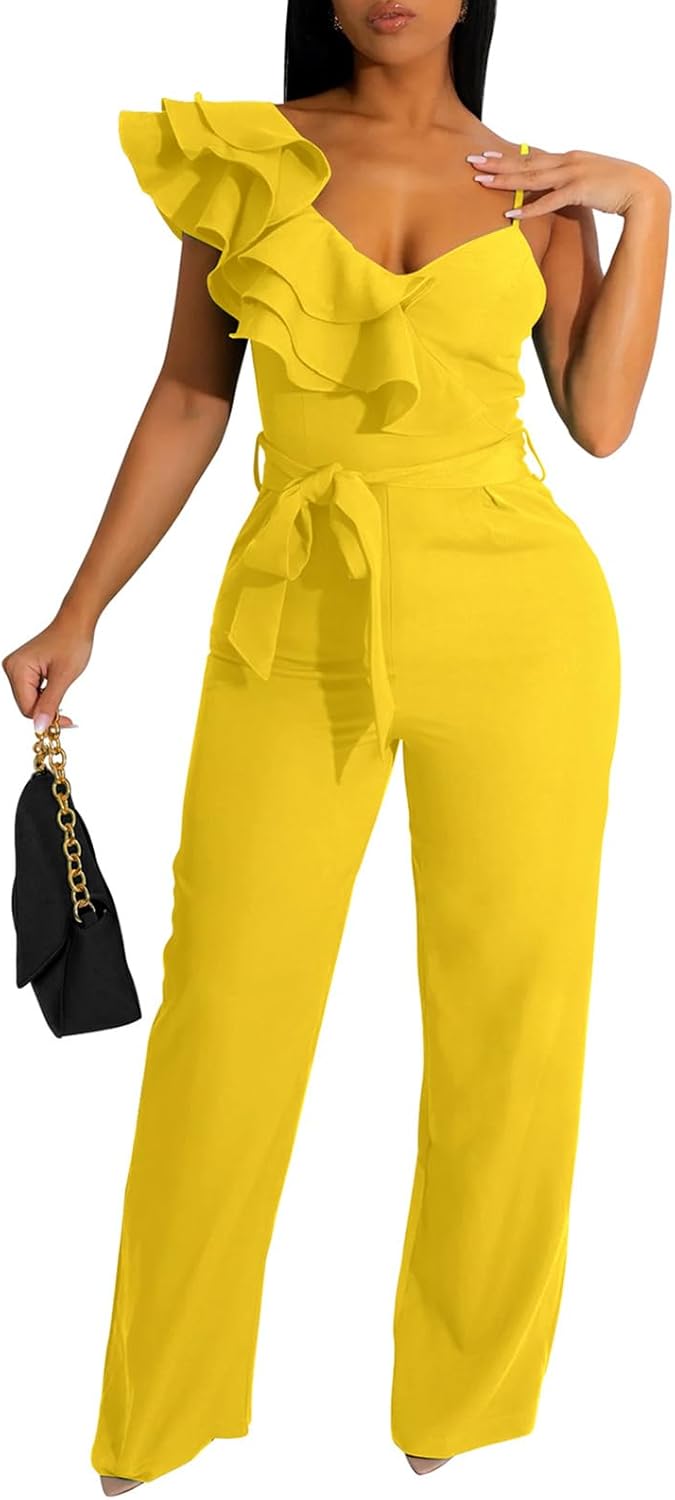 kaimimei Womens Casual Jumpsuits V-Neck Sleeveless Ruffle Backless Belted Wide Leg Pant Sexy Romper Party Clubwear