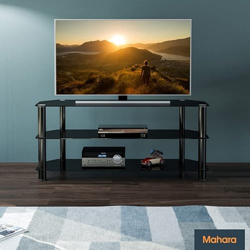 Mahara Classic Black Glass Corner tv & stand - Up to 55 Inch TV Support - Glass Shelf Cabinet (L) 114cm x (W) 42cm x (H) 50cm - Image 4
