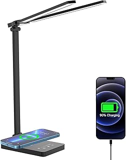 LED Desk Lamp with Wireless Charger, ERAY Dimmable Desk Light Eye Caring for Office, Portable Table Lamp with USB Port/ 5 Color Modes/Stepless Dimming/Touch Control/Timer for Study, Reading