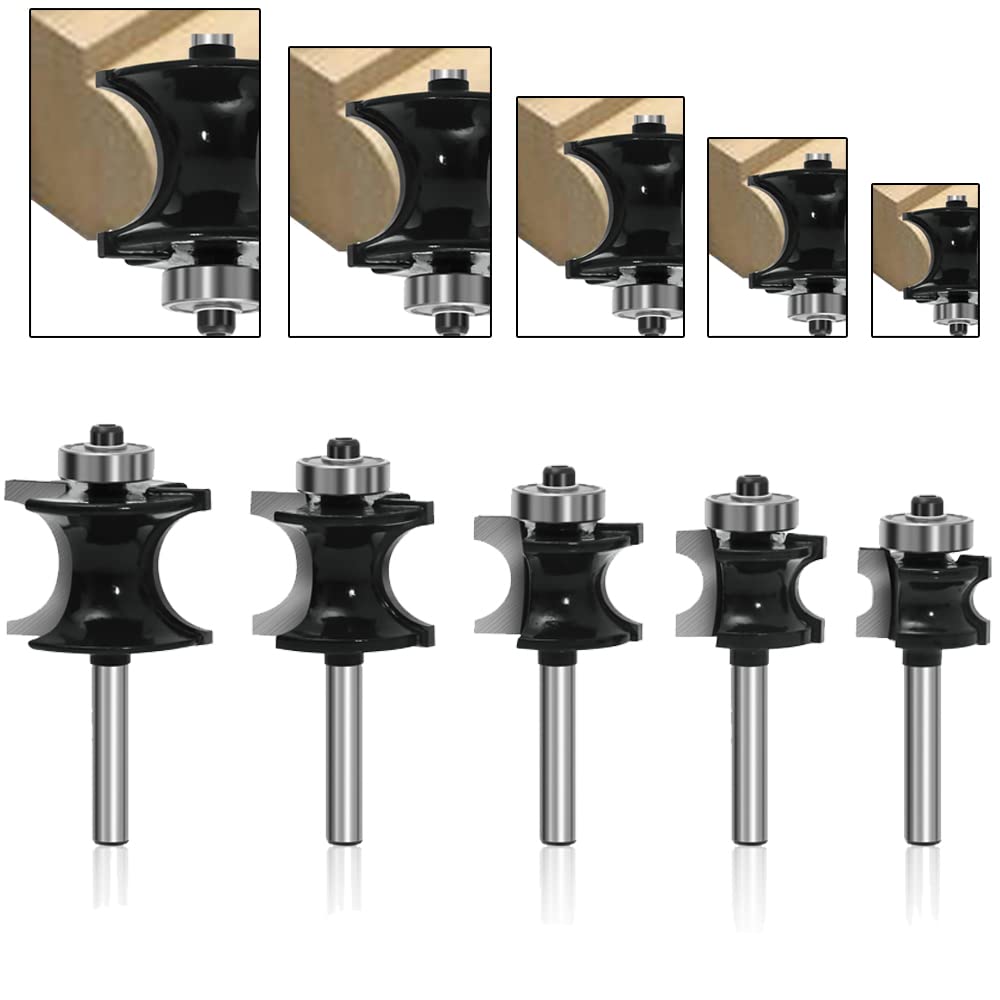LEATBUY 1/4 Inch Shank Bullnose Router Bit Set 5PCS, Radius Half Round Rail and Stile Wood Milling Cutter Drilling Carbide Tool for Door Table Cabinet Shelve(F-A3)