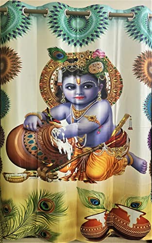 Image of 3D Digital Printed Heavy Fabric Bal Gopal Krishna God Design Curtains for Pooja Room /Temple /Home, 4x7 feet Set of 2 Pc