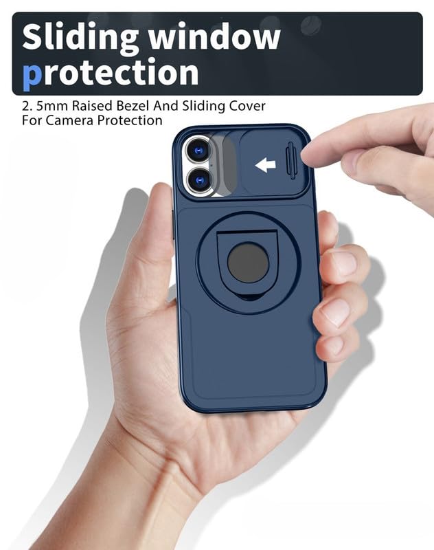Image of LuxuryKase MagSafe Shockproof Rugged Back Case for iPhone 17 | Finger Ring Kickstand & Sliding Camera Cover | Military Drop Protection | Wireless Charging Support - Blue