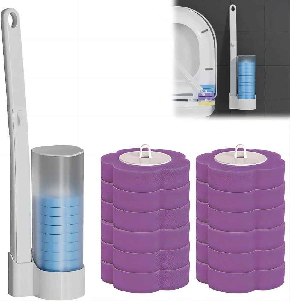 2 Pack Toilet Wand Kit with 12 Replacement Heads, Disposable Toilet Brush Toilet Cleaning System with Handle Storage Caddy Toilet Brush Bathroom Cleaning (Purple Head)