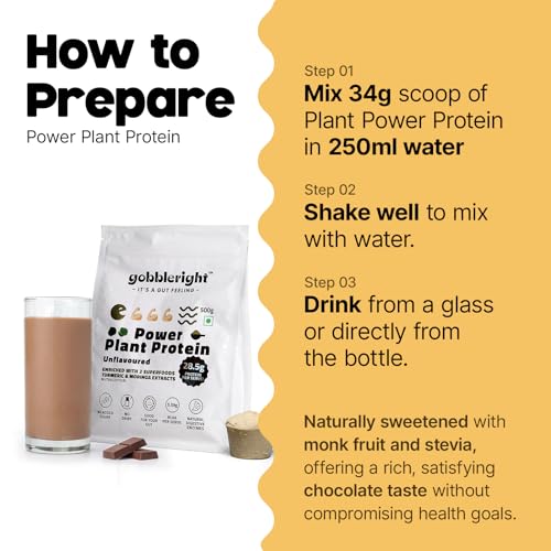 Image of GOBBLERIGHT Power Plant Protein Powder Unflavoured 500g | No Added Sugar | Isolate & Concentrate Pea Rice Protein with Turmeric & Moringa | 5.59g BCAA | No Bloat & Gut Friendly | Vegan & Dairy Free
