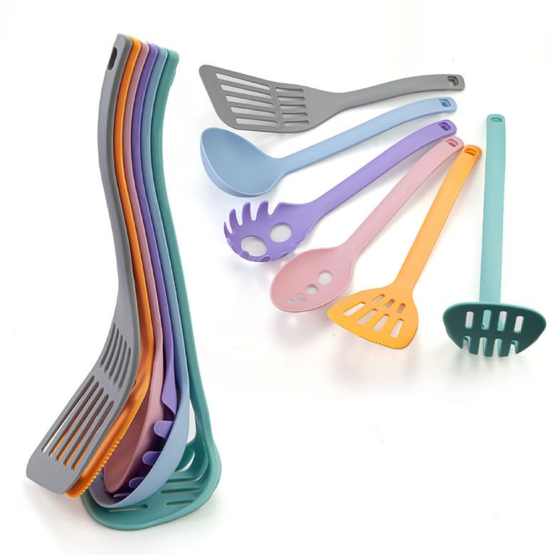 6 Pieces Nest Utensils Compact Stacking Kitchen Tool Set Multi-Colorful nylon kitchenware set easy to collect standing spatula set