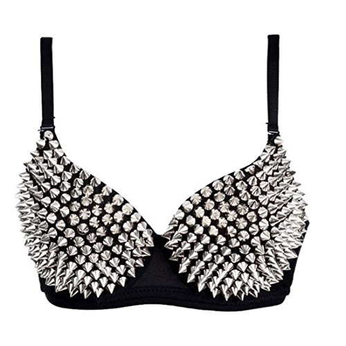 Punk Dancing Performance Gold Metallic Rivets Studded Strappy Bra Women Sexy Bras (S, Silver)