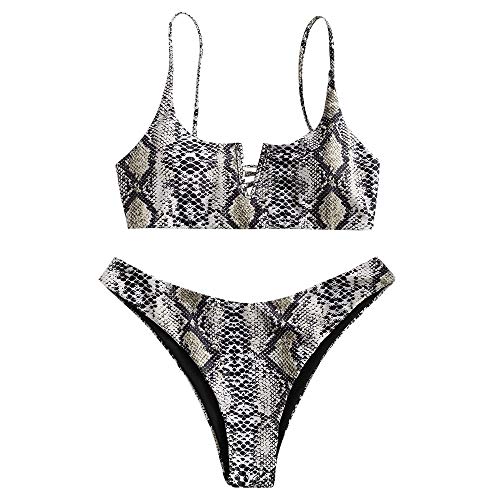 ZAFUL Women's Snakeskin Print Swimsuit High Cut Bikini Set Straps Two Piece Bathing Suit (S, Grey- V-Notch)