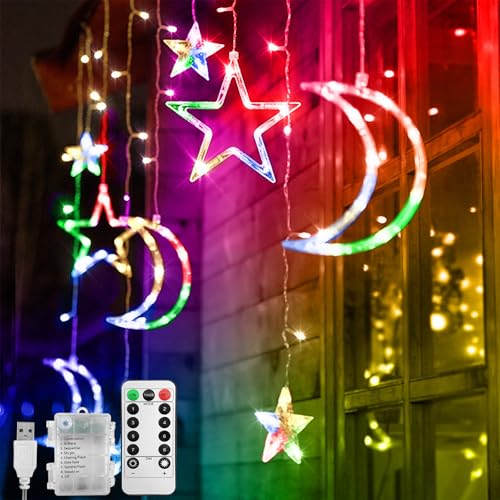 Jsdoin LED String Lights - 3.5m Star Moon LED Curtain Lights with 8 Flashing Modes Decoration for Christmas Wedding Party Home Terrace Ramadan Lawn USB/Battery Powered (Multicolour)
