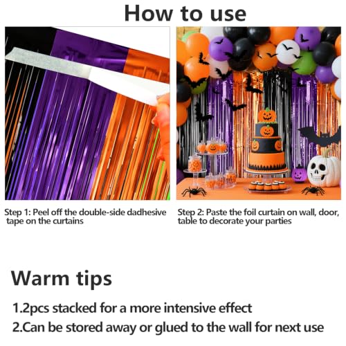 Image of 4 Packs Halloween Foil Fringe Curtain, Orange Black and Purple Metallic Tinsel Backdrop for Birthday, Baby Shower, Bachelorette, Halloween Party Decorations Favors Supplies Indoor Outdoor