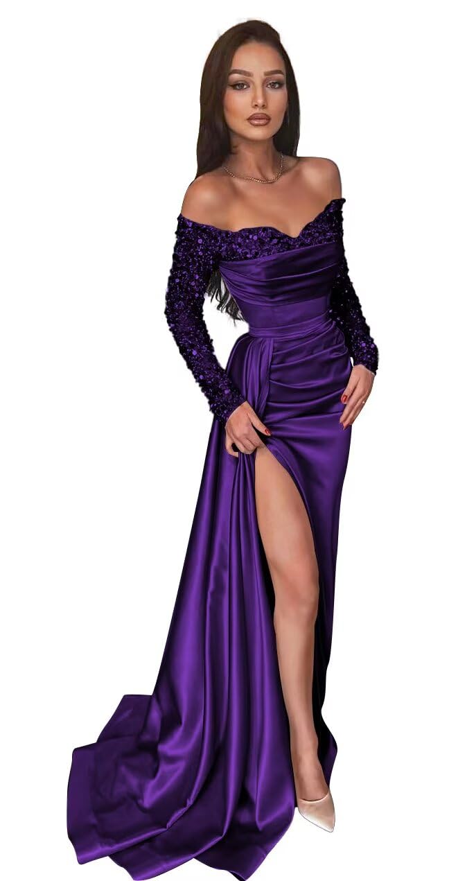 GREEKKNIGHT Off The Shoulder Long Sleeve Prom Dresses Long with Slit Sequin Satin Mermaid Formal Evening Gown with Train