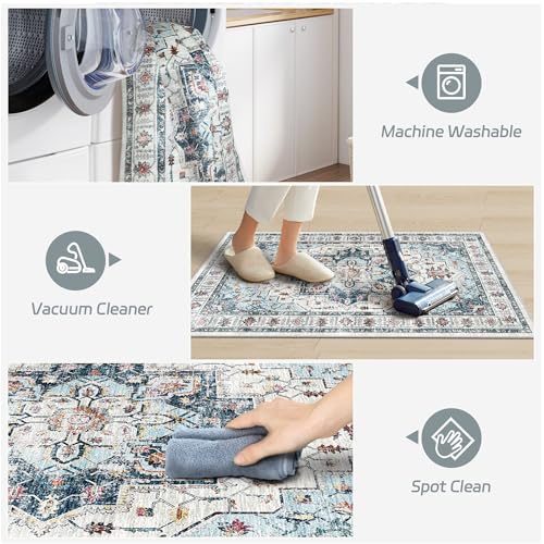 Madane Washable Area Rug 2x3, Small Entryway Rug Non-Slip Vintage Door Mat Indoor Entrance, Low Pile Floor Carpet for Inside Front Door Bedroom Kitchen Entry Laundry (2'x3', Blue)